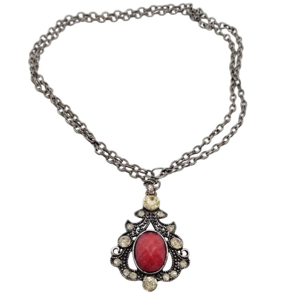 Vintage Rhinestone Necklace With Red Oval Stone on a 28-Inch Chain